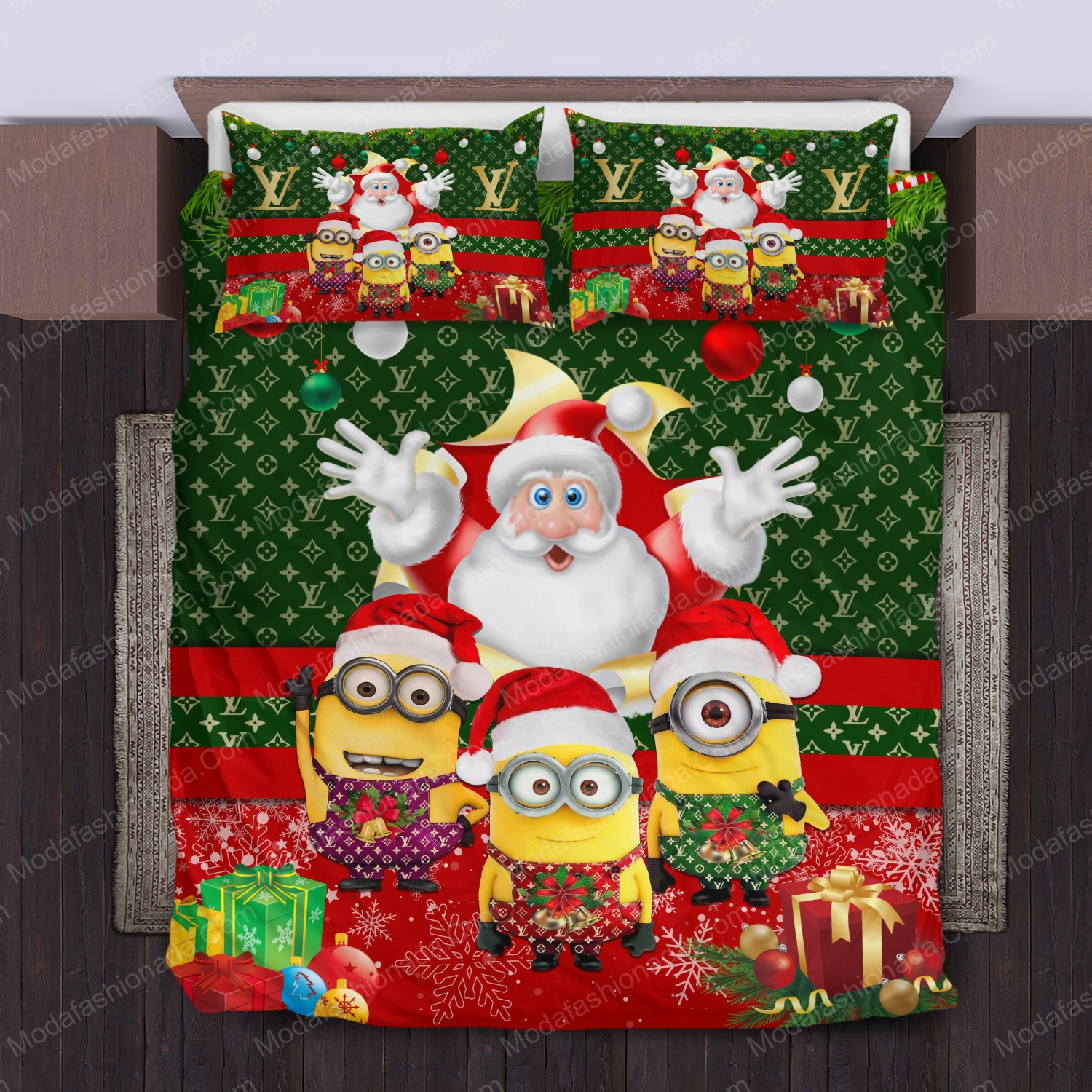 Minions Santa Claus Louis Vuitton Logo Brand Bedding Set Bedroom Bedspread Home Decor Luxury