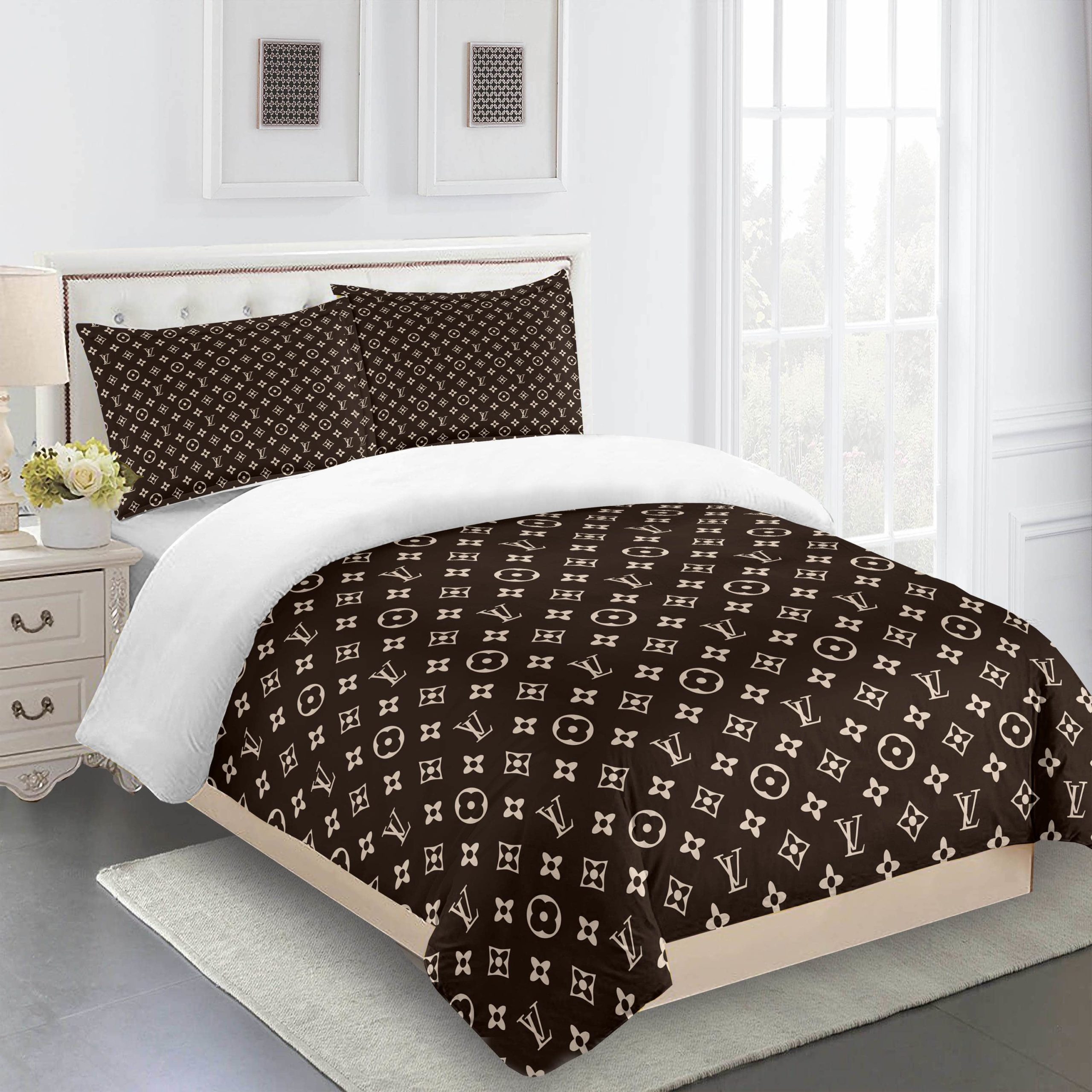 Beige And Black Louis Vuitton Logo Brand Bedding Set Luxury Bedroom Home Decor Bedspread