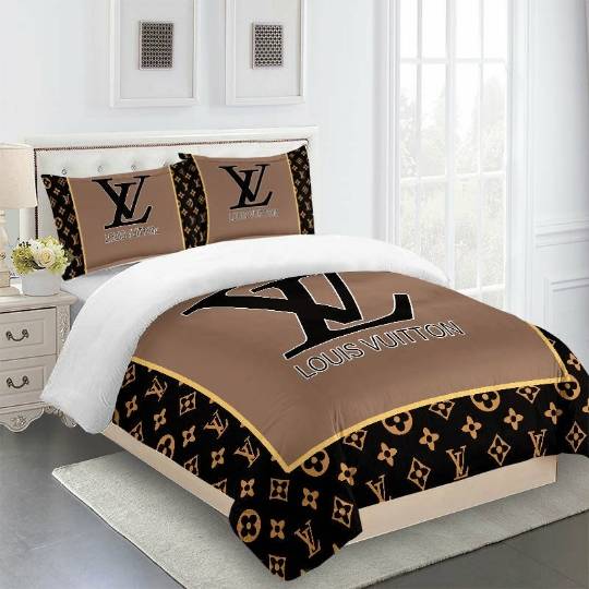 Dark Beige Black Full Louis Vuitton Logo Brand Bedding Set Bedroom Luxury Home Decor Bedspread