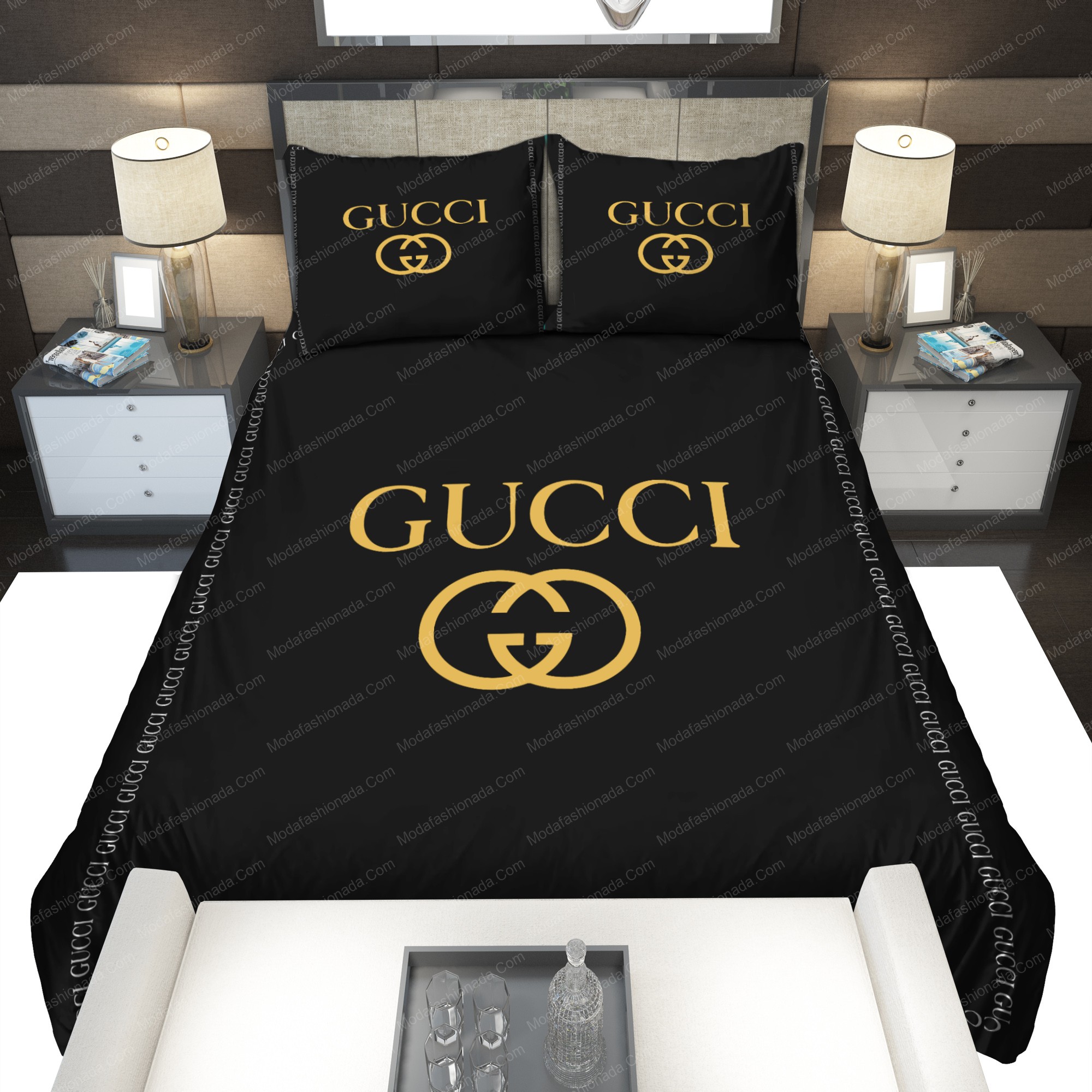 Black Gucci Logo Brand Bedding Set Home Decor Bedroom Bedspread Luxury