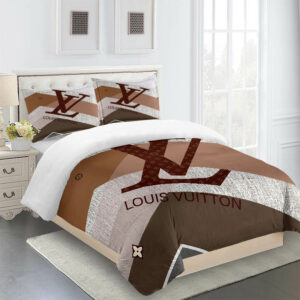 Striped Beige Full Louis Vuitton Logo Brand Bedding Set Home Decor Bedroom Luxury Bedspread