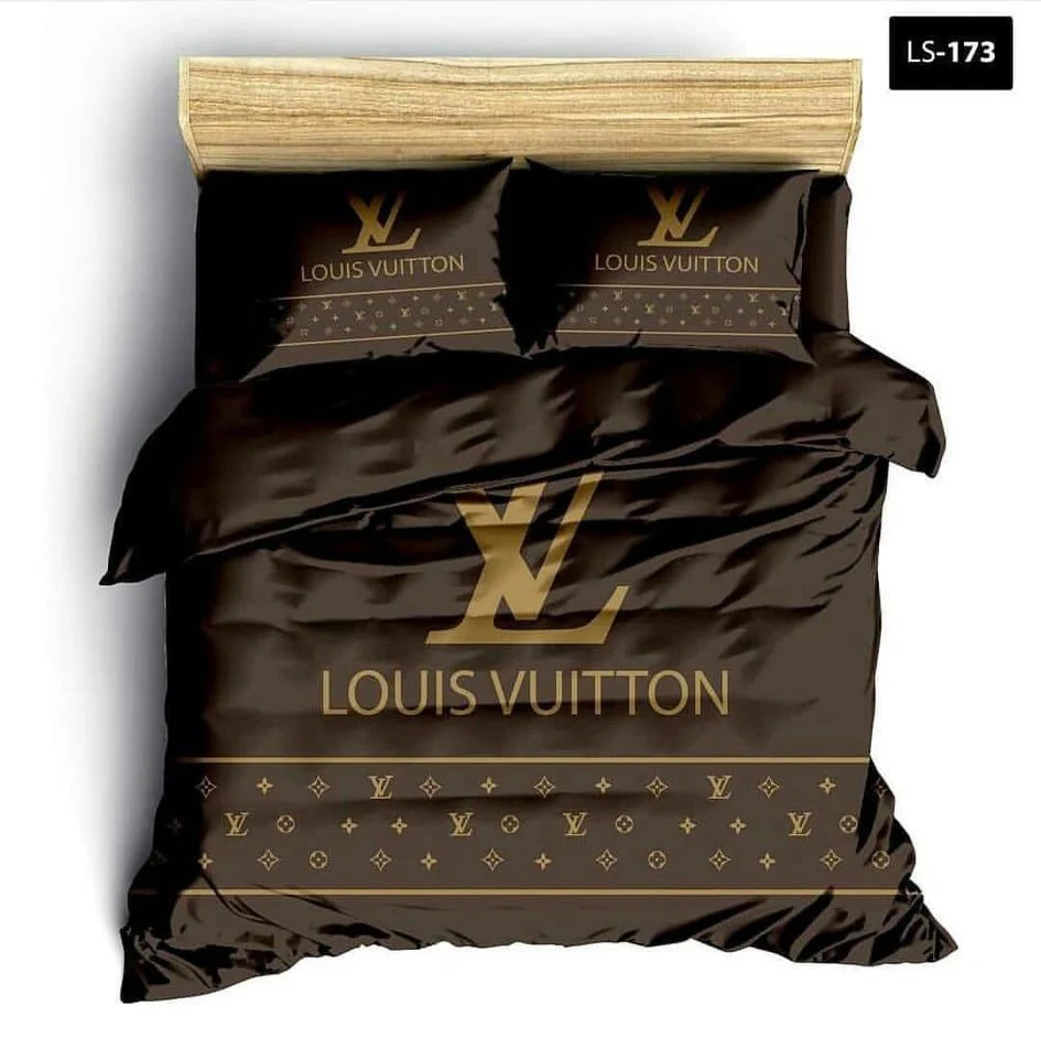 Louis Vuitton Brown Logo Brand Bedding Set Bedroom Home Decor Luxury Bedspread