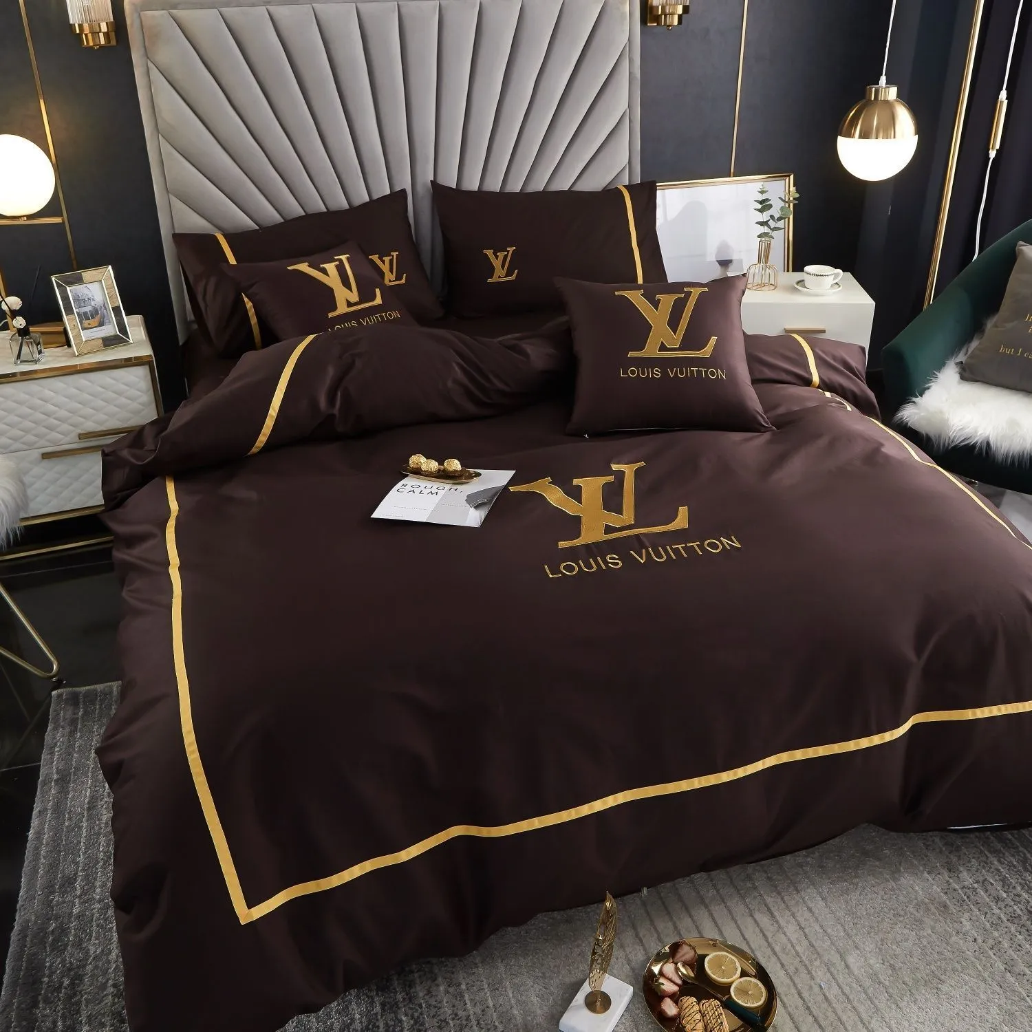 Louis Vuitton Brown And Golden Logo Brand Bedding Set Bedroom Bedspread Home Decor Luxury