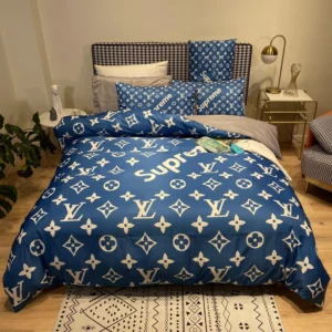 Louis Vuitton Supreme Blue Logo Brand Bedding Set Luxury Bedroom Bedspread Home Decor