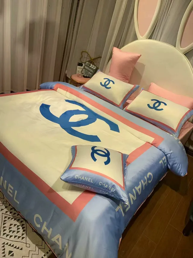 Chanel Blue Logo Brand Bedding Set Bedspread Bedroom Luxury Home Decor