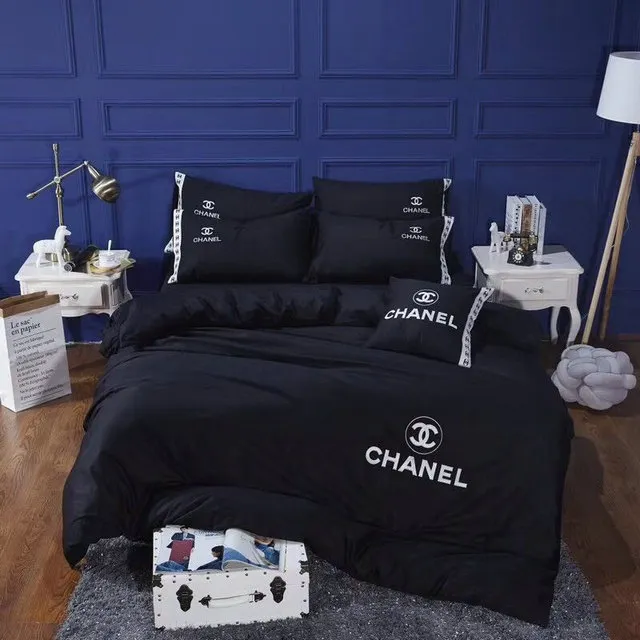 Chanel Dark Logo Brand Bedding Set Bedroom Home Decor Luxury Bedspread