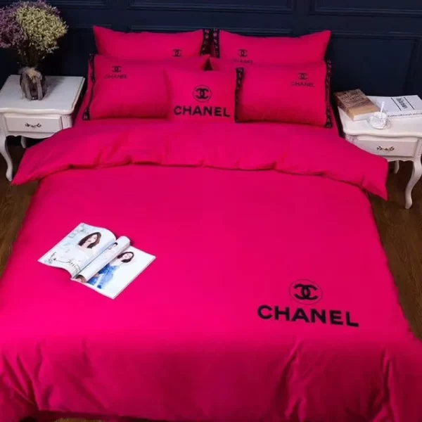 Chanel Red Logo Brand Bedding Set Bedroom Luxury Home Decor Bedspread