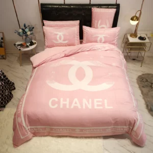 Chanel Light Pinky Logo Brand Bedding Set Home Decor Bedroom Luxury Bedspread