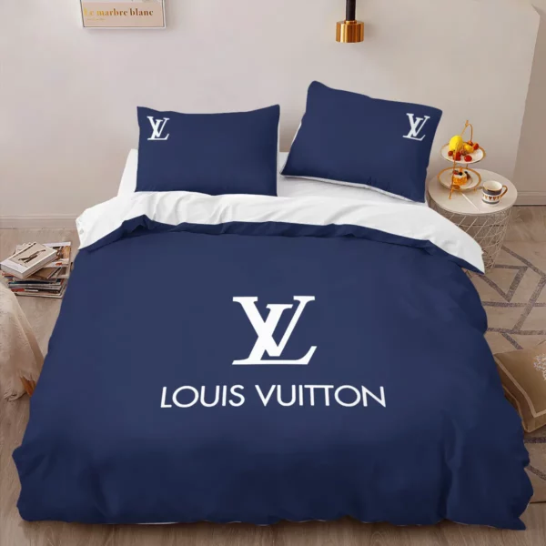 Louis Vuitton Blue Louis Vuitton Logo Brand Bedding Set Luxury Bedspread Home Decor Bedroom