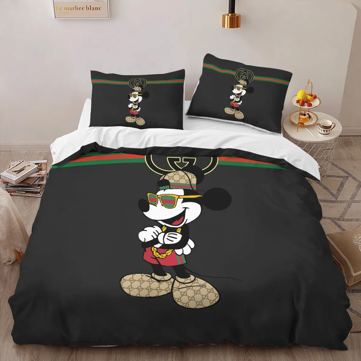 Gucci Mickey Black Logo Brand Bedding Set Bedspread Bedroom Home Decor Luxury