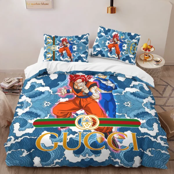 Gucci Songoku Vegeta Logo Brand Bedding Set Luxury Bedroom Home Decor Bedspread