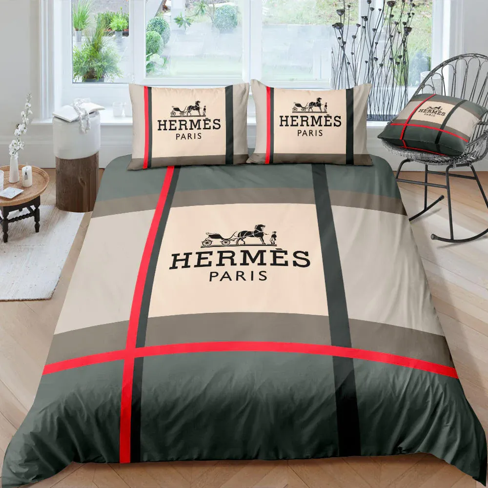 Hermes Logo Brand Bedding Set Bedspread Home Decor Bedroom Luxury