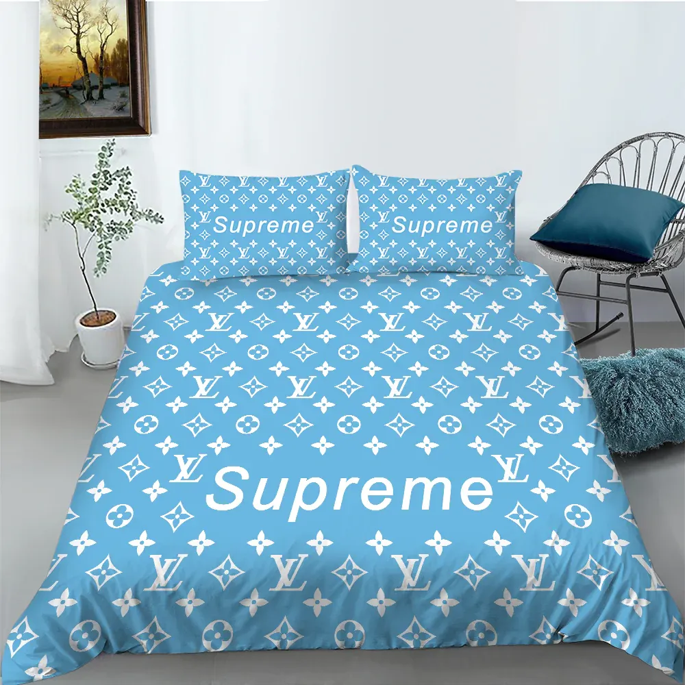 Louis Vuitton Supreme Blue Logo Brand Bedding Set Bedroom Bedspread Luxury Home Decor