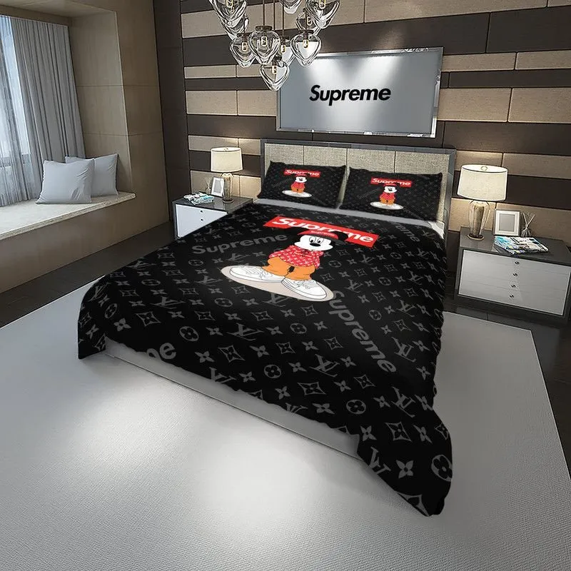 Louis Vuitton Supreme Mickey French Logo Brand Bedding Set Home Decor Luxury Bedroom Bedspread