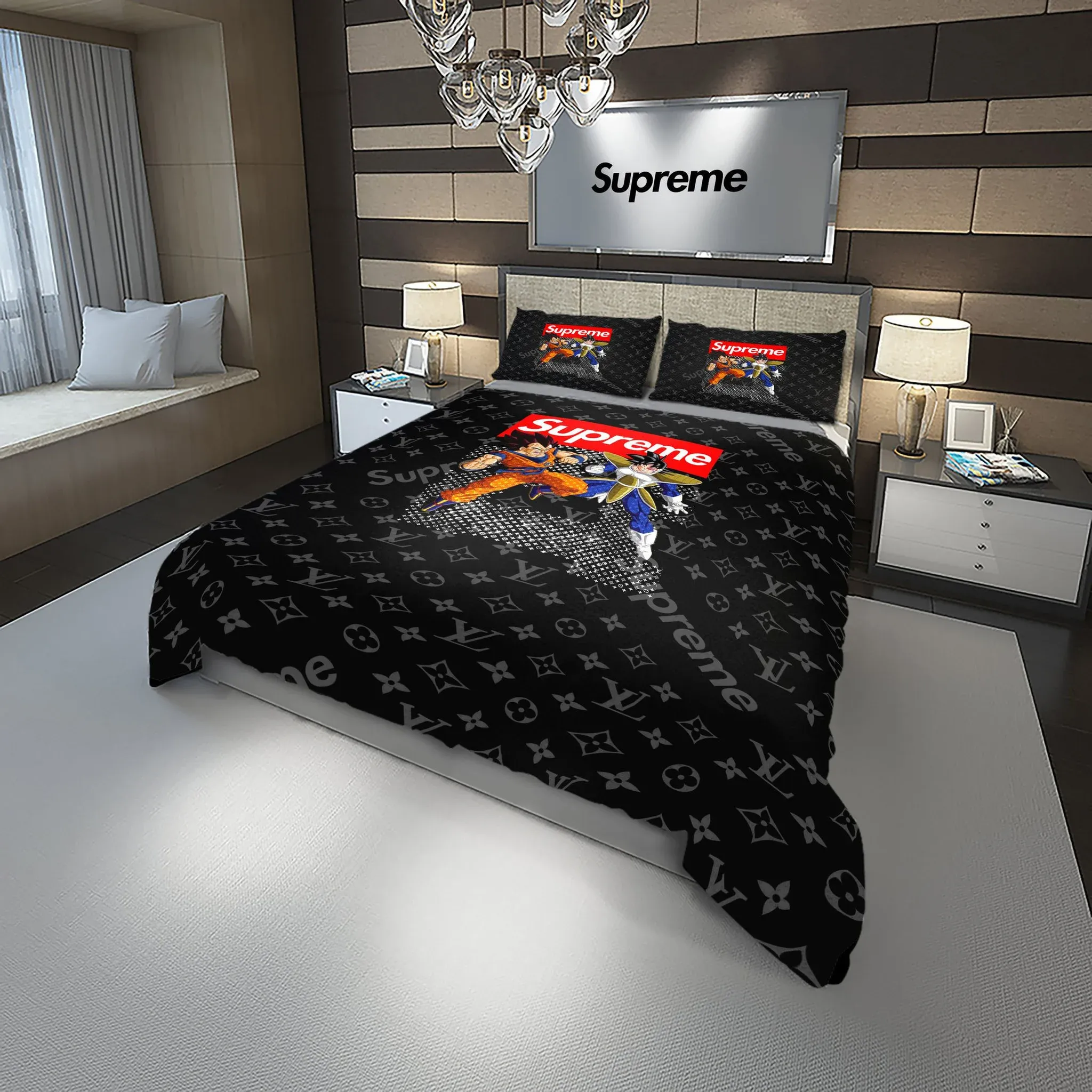 Louis Vuitton Supreme Goku Vegeta Dragonball French Logo Brand Bedding Set Bedroom Luxury Bedspread Home Decor