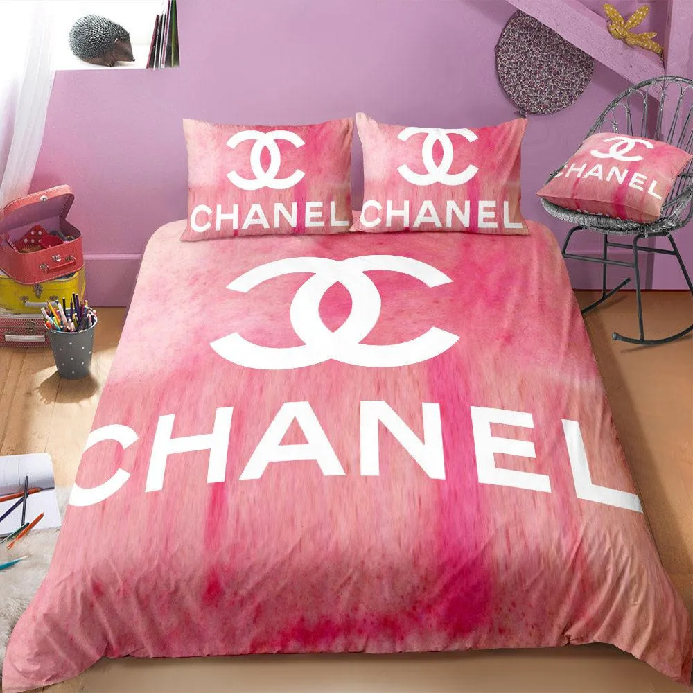 Chanel Pink Logo Brand Bedding Set Home Decor Bedspread Bedroom Luxury