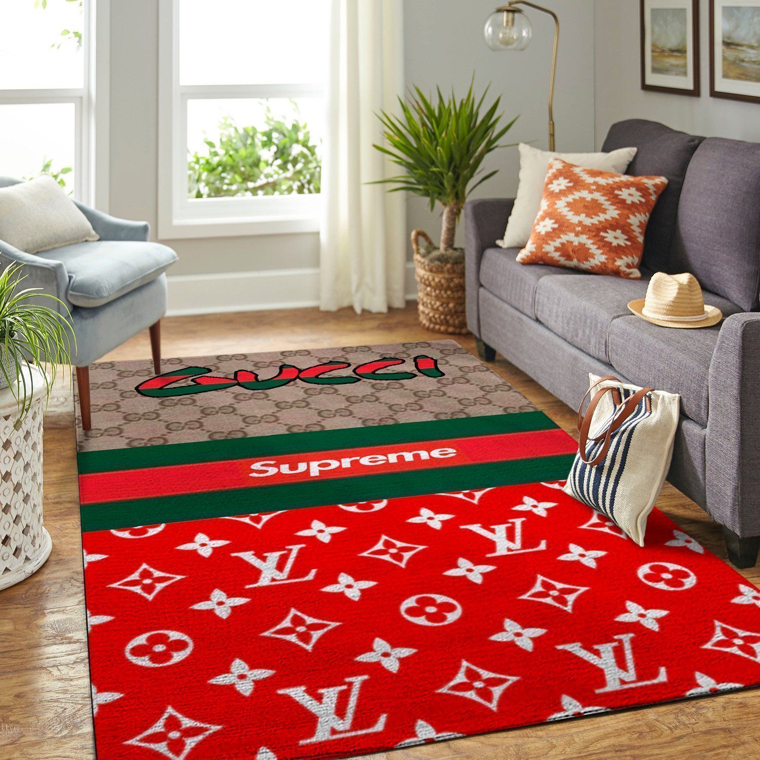 Louis Vuitton Supreme Area Red Luxury Fashion Brand Rug Door Mat Area Carpet Home Decor