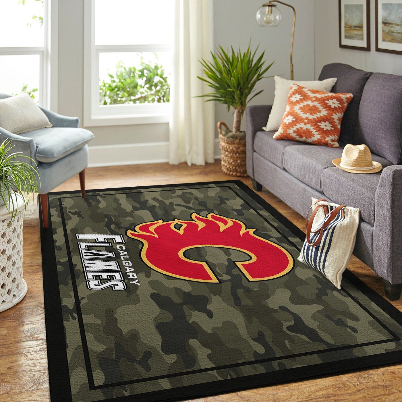 Calgary Flames Nhl Team Logo Camo Type 7789 Rug Area Carpet Living Room Home Decor