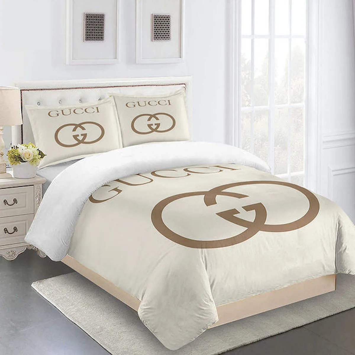 Gucci Beige Logo Brand Bedding Set Luxury Bedspread Bedroom Home Decor