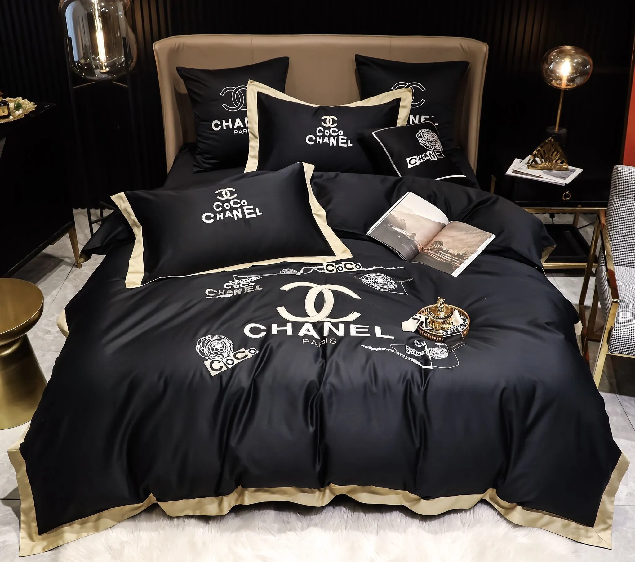 Coco Chanel Black Logo Brand Bedding Set Bedspread Bedroom Luxury Home Decor