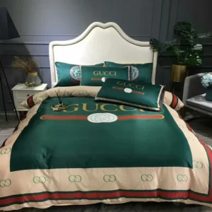 Gucci Dark Green Logo Brand Bedding Set Luxury Bedroom Bedspread Home Decor