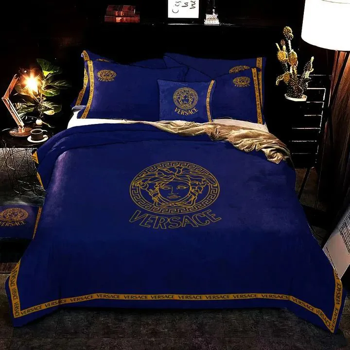 Versace Navy Blue Logo Brand Bedding Set Home Decor Luxury Bedroom Bedspread