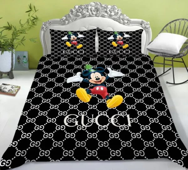 Gucci Mickey Black Logo Brand Bedding Set Luxury Bedspread Home Decor Bedroom