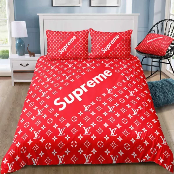 Louis Vuitton Supreme Logo Brand Bedding Set Bedspread Home Decor Bedroom Luxury