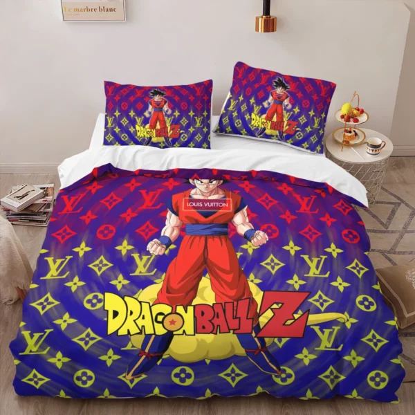 Louis Vuitton Dragon Ball Logo Brand Bedding Set Bedspread Bedroom Luxury Home Decor