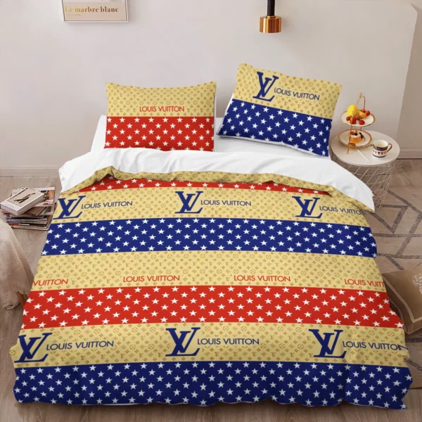 Louis Vuitton Colorful Louis Vuitton Logo Brand Bedding Set Bedspread Home Decor Luxury Bedroom