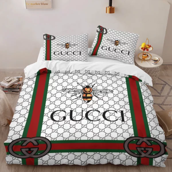 Gucci Bee White Logo Brand Bedding Set Home Decor Bedspread Bedroom Luxury