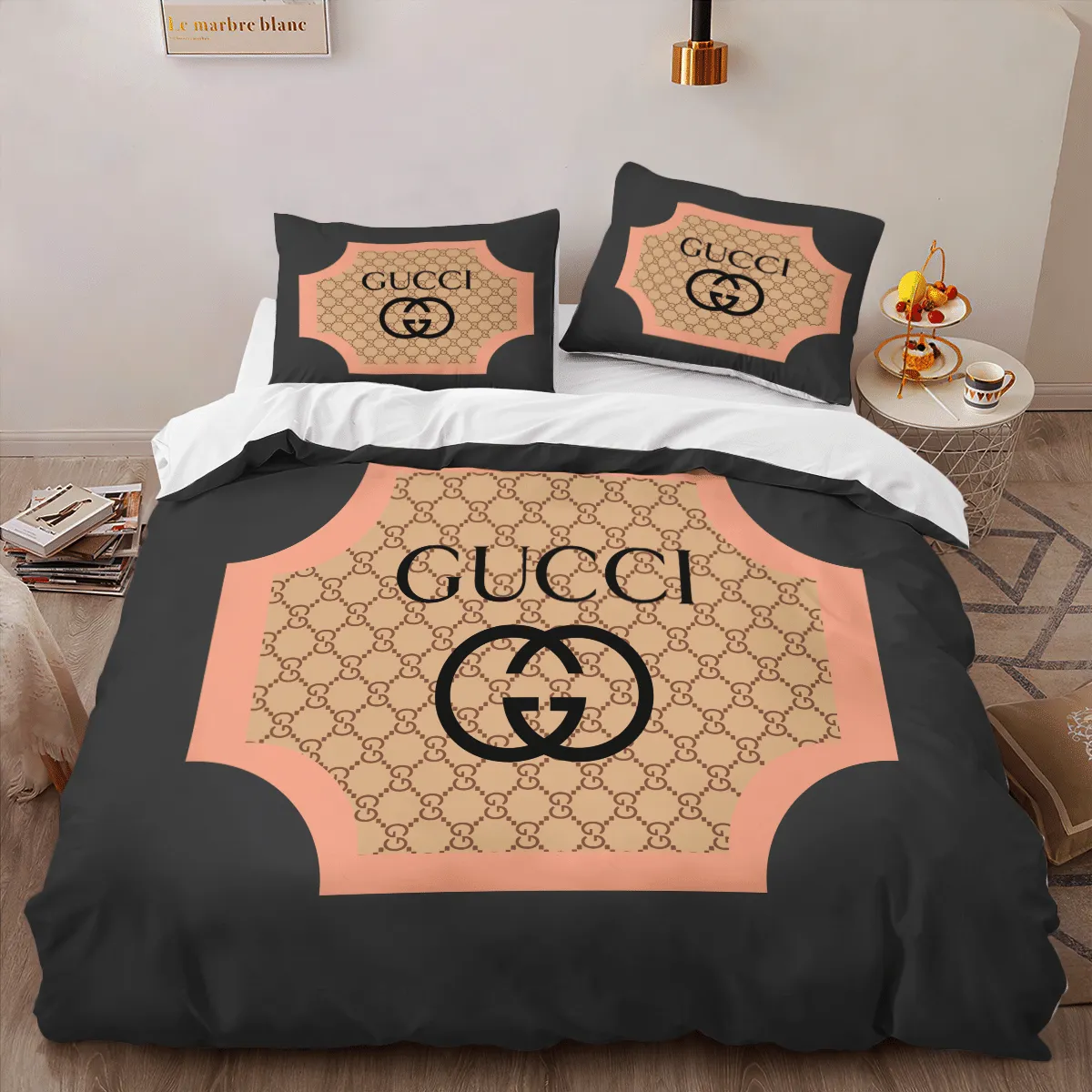 Gucci Logo Brand Bedding Set Luxury Bedspread Bedroom Home Decor