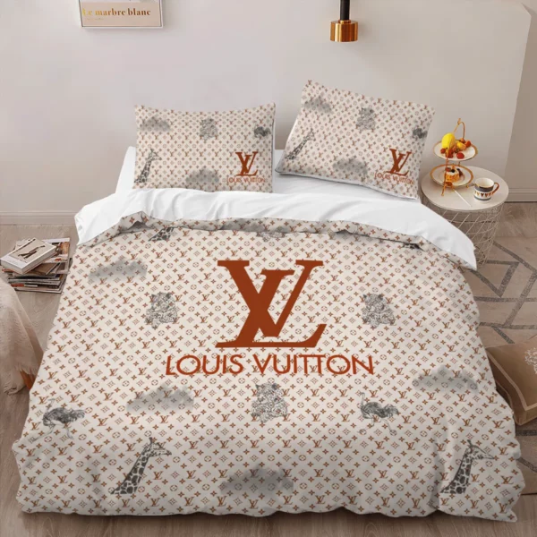 Louis Vuitton Red Louis Vuitton Logo Brand Bedding Set Bedspread Bedroom Luxury Home Decor