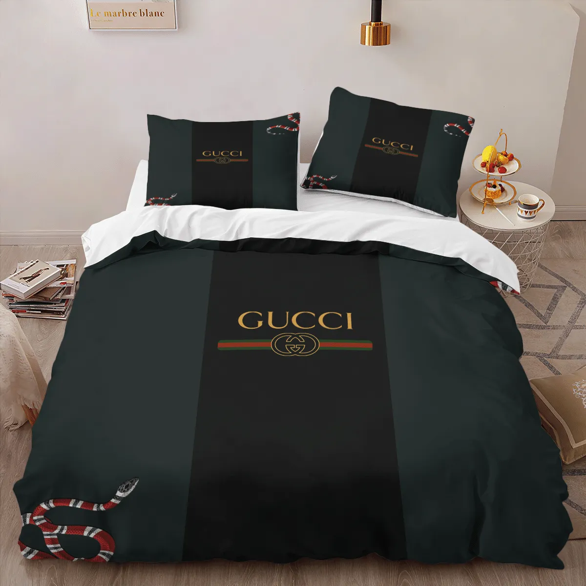 Gucci Dark Snake Louis Vuitton Logo Brand Bedding Set Bedroom Luxury Bedspread Home Decor