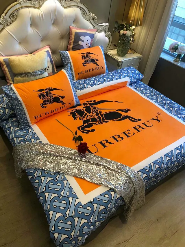 Burberry Orange Logo Brand Bedding Set Bedroom Bedspread Luxury Home Decor