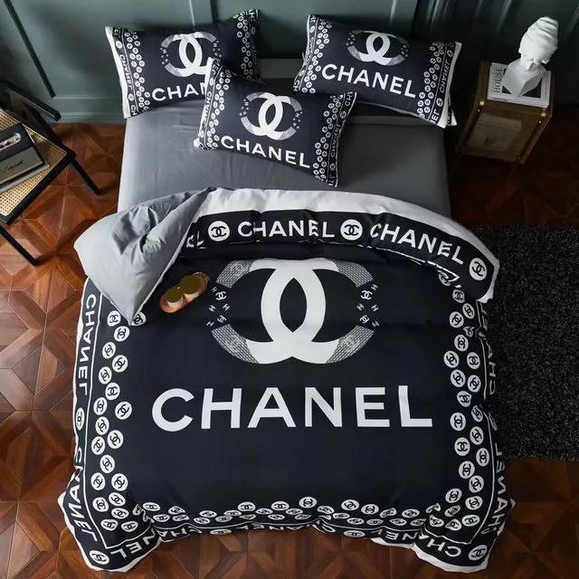 Chanel Black Logo Brand Bedding Set Home Decor Luxury Bedspread Bedroom