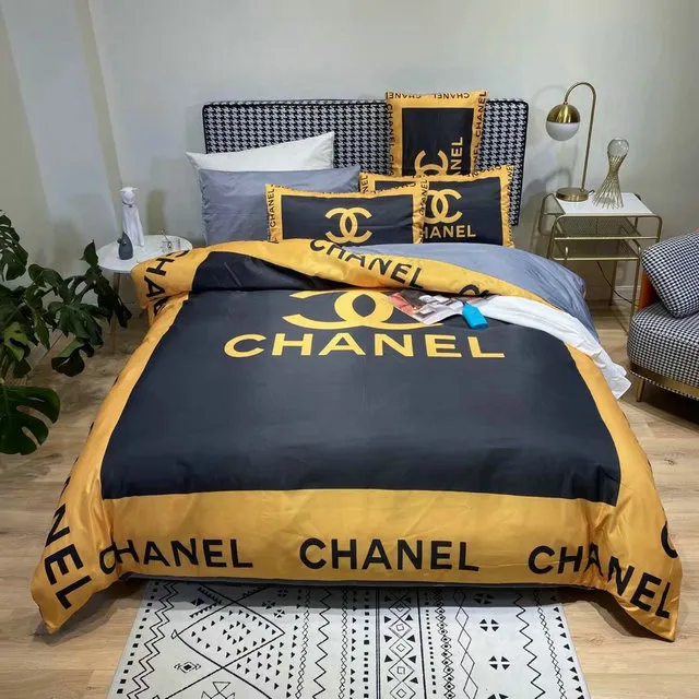 Chanel Yellow Logo Brand Bedding Set Bedroom Bedspread Home Decor Luxury