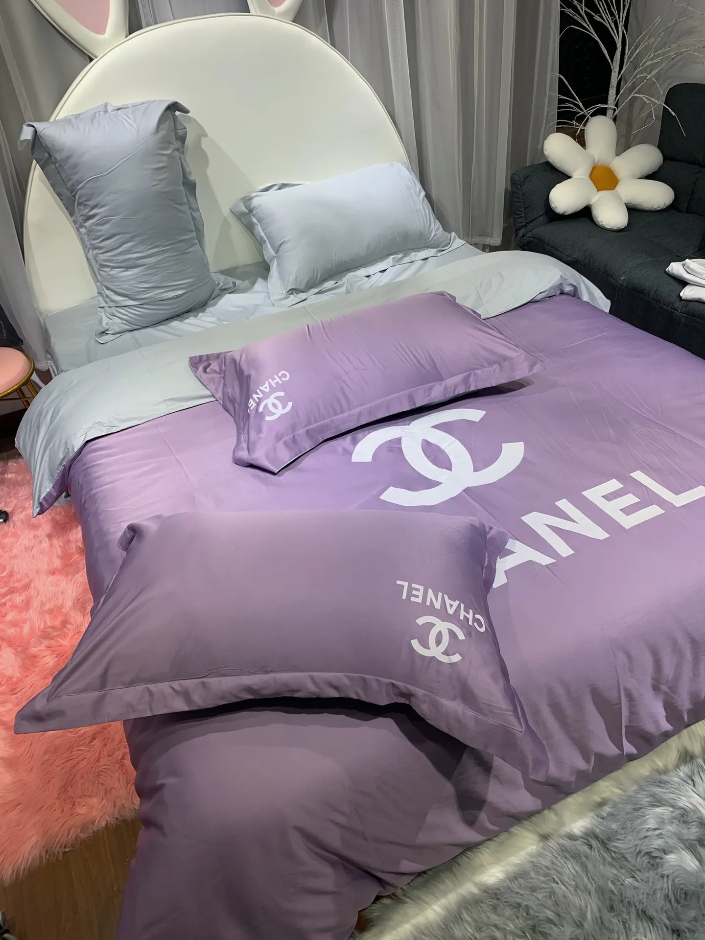 Chanel Violet Logo Brand Bedding Set Bedspread Home Decor Luxury Bedroom