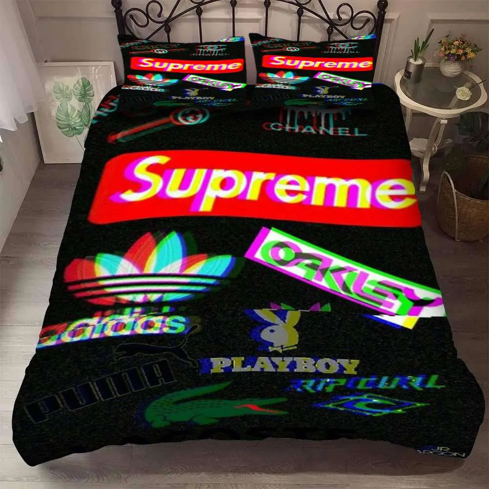 Supreme Adidas Chanel Gucci Playboy Symbols Logo Brand Bedding Set Bedspread Bedroom Home Decor Luxury