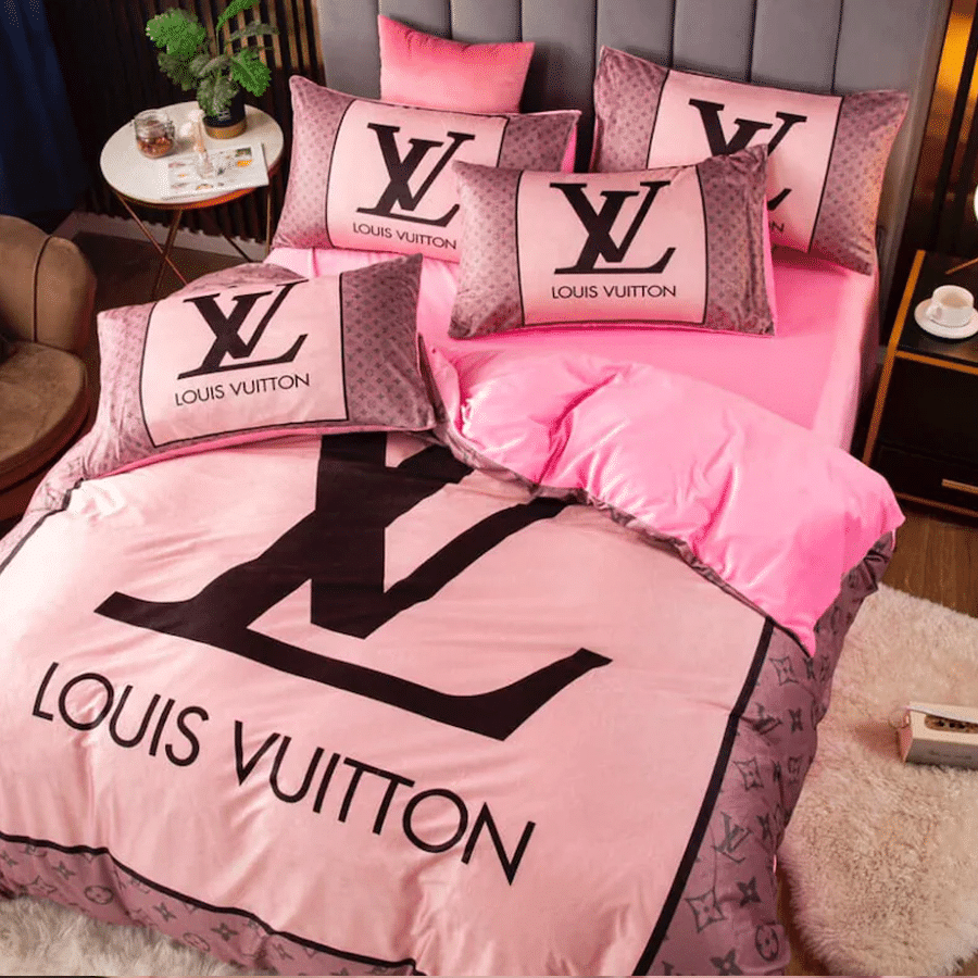 Louis Vuitton Pink Logo Brand Bedding Set Home Decor Bedspread Bedroom Luxury