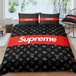 Louis Vuitton Supreme Logo Brand Bedding Set Bedspread Home Decor Luxury Bedroom