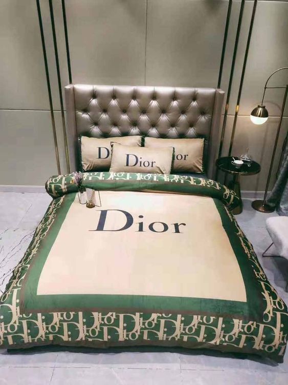 Dior Green Logo Brand Bedding Set Bedspread Home Decor Bedroom Luxury