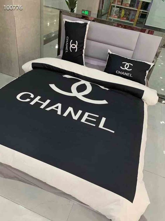 Chanel Black Logo Brand Bedding Set Bedroom Home Decor Bedspread Luxury