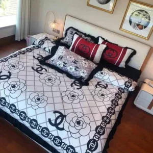 Chanel White Flowers Logo Brand Bedding Set Luxury Bedspread Home Decor Bedroom