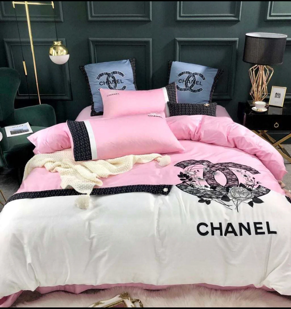 Chanel Flowers Pinky Logo Brand Bedding Set Home Decor Luxury Bedspread Bedroom