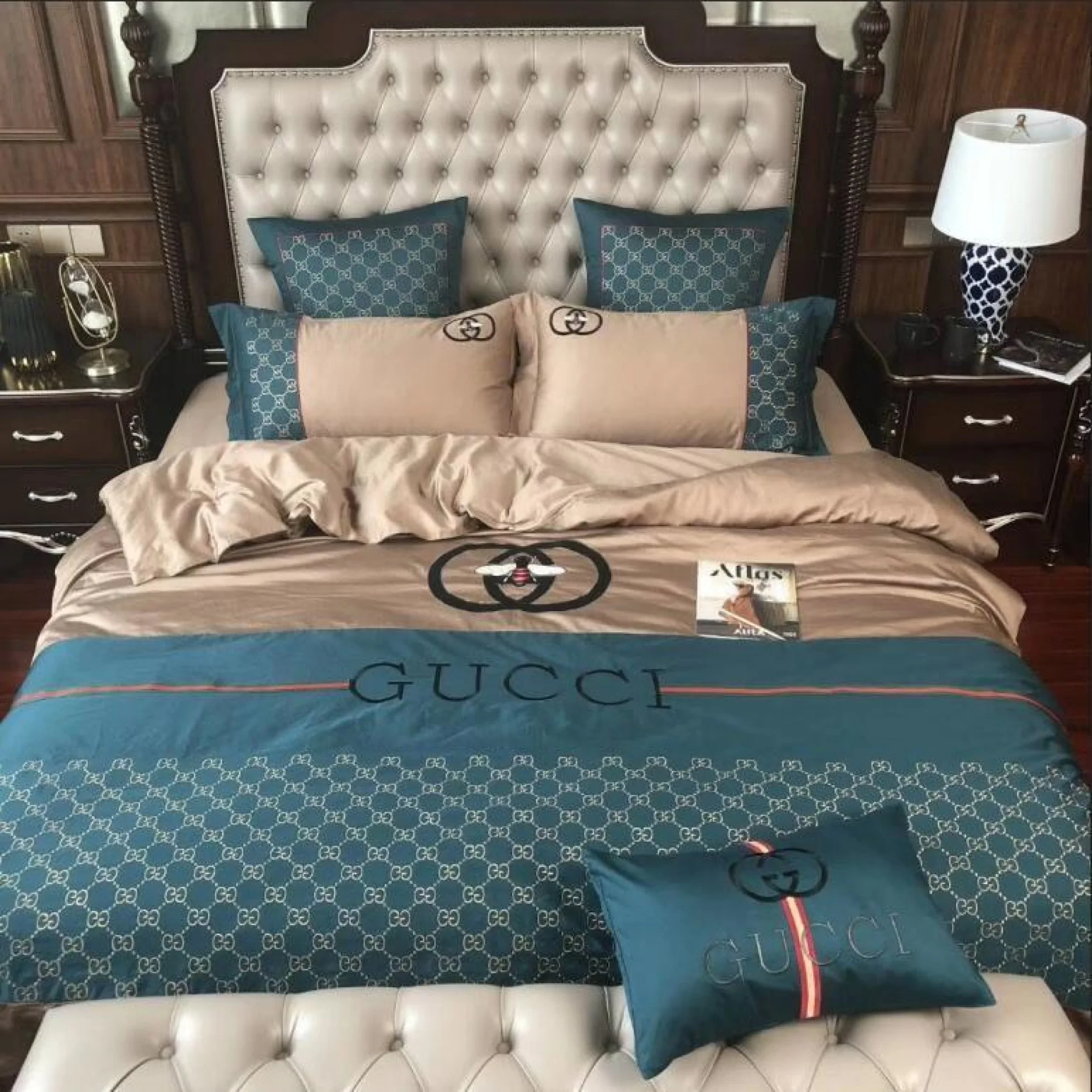 Gucci Beige Blue Logo Brand Bedding Set Home Decor Luxury Bedroom Bedspread