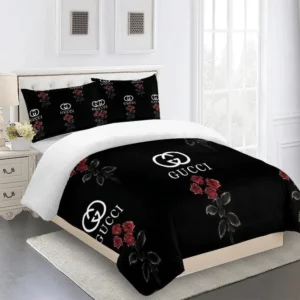 Gucci Rose Black Logo Brand Bedding Set Home Decor Bedroom Luxury Bedspread