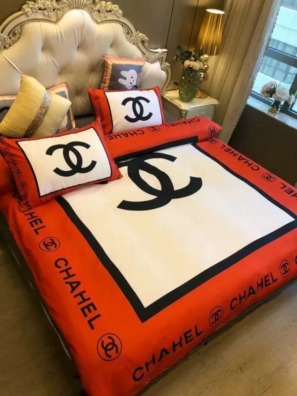 Chanel White Red Logo Brand Bedding Set Bedspread Bedroom Luxury Home Decor