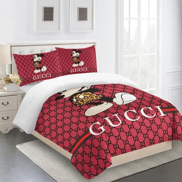 Gucci Mickey Cute Red Logo Brand Bedding Set Bedspread Home Decor Bedroom Luxury