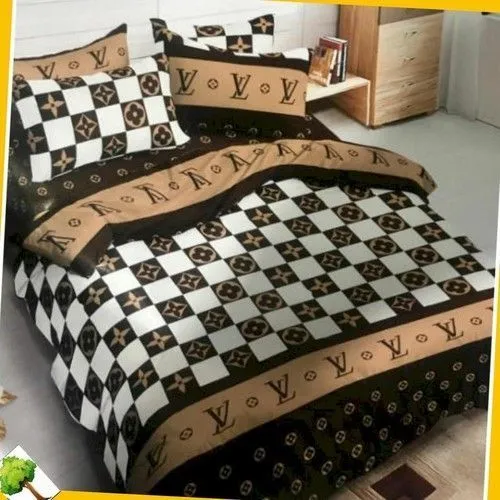 Louis Vuiton Brown White Logo Brand Bedding Set Luxury Bedroom Bedspread Home Decor